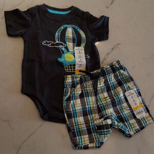 Elephant Hot Air Ballon Bodysuit onesie Shorts Set baby boy size 6M plaid